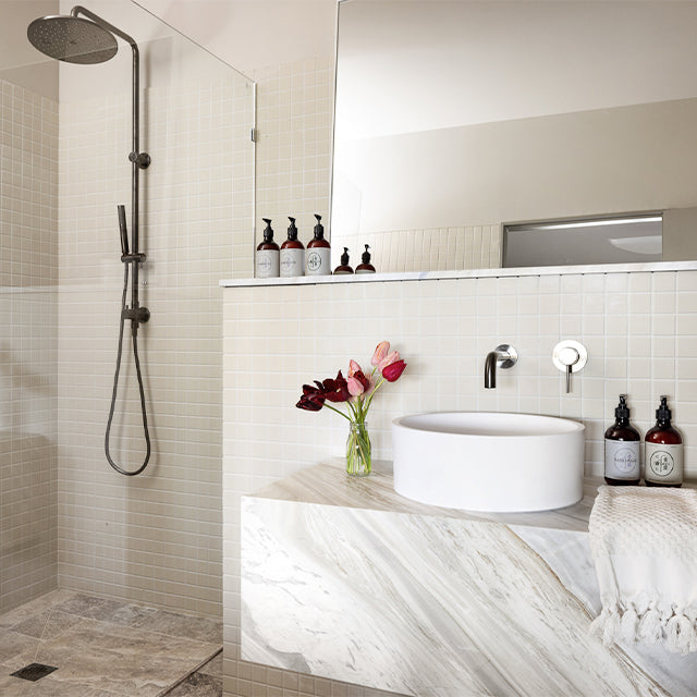 Meir Round Combination Shower Rail 300mm Rose & Hand Shower - Shadow | Carrajung Estate buildher collective x the blue space