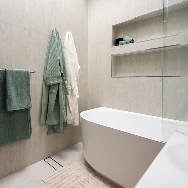 Cam and jules family bathroom collaboration with the blue space- Bao Elegant Back to Corner Bath