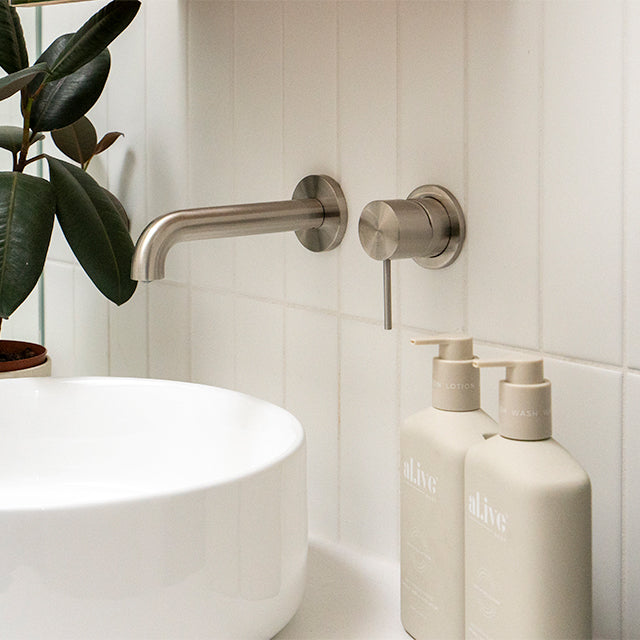 cam and jules family bathroom x the blue space, nero brushed nickel mecca tapware
