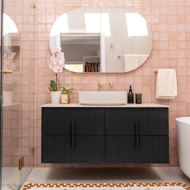 Bao Pill 500mm Above Counter Basin - Matte White and Nero Mecca Wall Basin/Bath Mixer Separate Back Plate 185mm Brushed Gold, Pink Dianna Tiles, Ingrain Contoured Vanity | The Blue Space x Cam and Jules Bathroom Collaboration