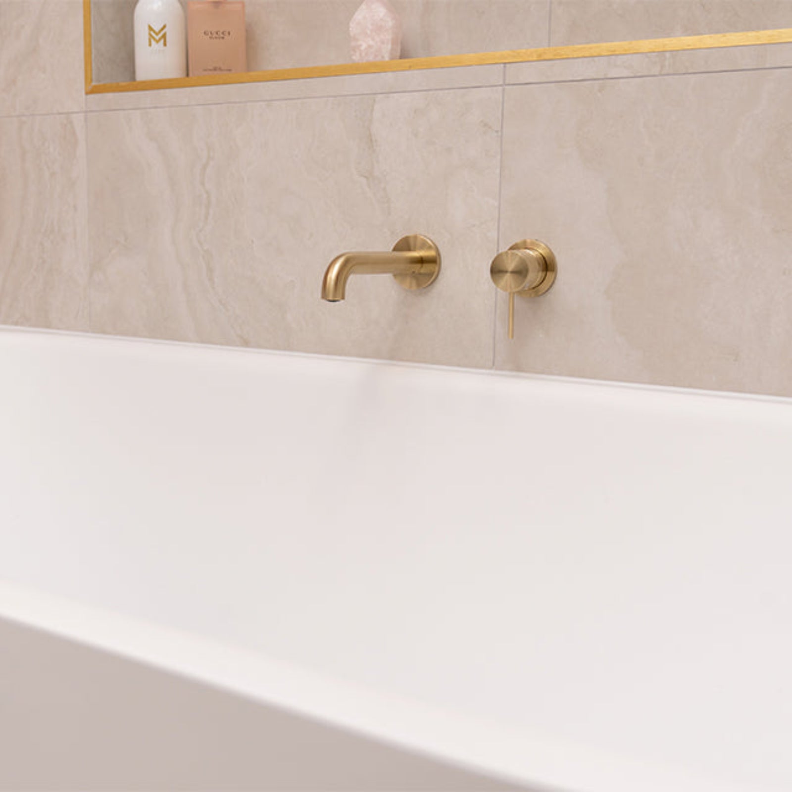 Nero Mecca brushed gold bath spout and mixer tap in pink cam and jules bathroom collaboration