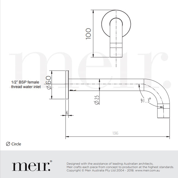 Technical Drawing - Meir Round Curved Spout 130mm - Tiger Bronze Gold