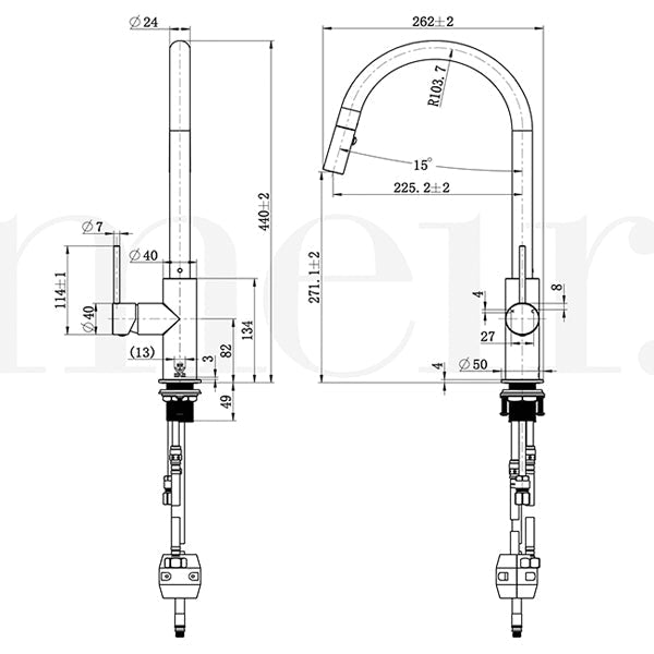 Technical Drawing - Meir Round Poccola Pull Out Kitchen Mixer Tap Tiger Bronze Gold