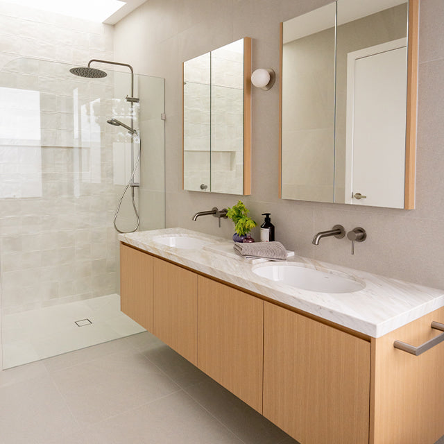 Caroma Liano brushed nickel taps | Timberline shaving cabinet | Modern Bathroom Renovation | The Blue Space