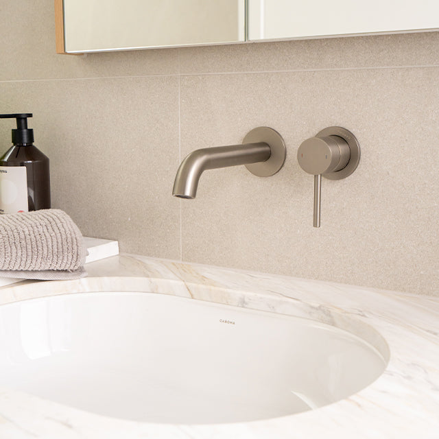 Caroma Liano brushed nickel basin taps | Modern Melbourne Bathroom Renovation | The Blue Space