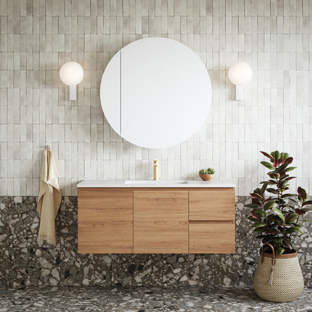 Caroma Luna Lead Free Basin Mixer Chrome in bathroom with white textured subway tiles