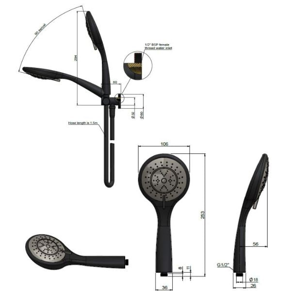 Meir Round 3 Function Hand Shower on Swivel Bracket technical drawing - The Blue Space