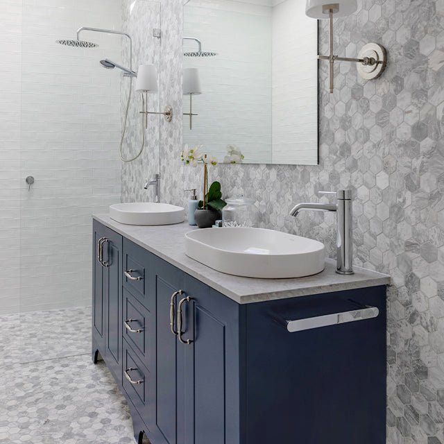 Turramurra x the blue space - timberline windsor heritage freestanding vanity - grey feature tiles, white subway tiles, chrome caroma taps
