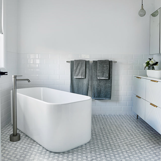 Selling houses Australia x The Blue Space Bathroom Reveal - Caroma Liano II Freestanding Bath Filler Brushed Nickel + Timberline Vanity