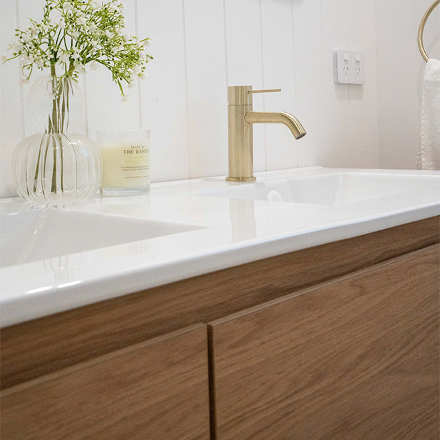 Lifestyle Caroma Liano II Basin Mixer Brushed Brass - The Blue Space