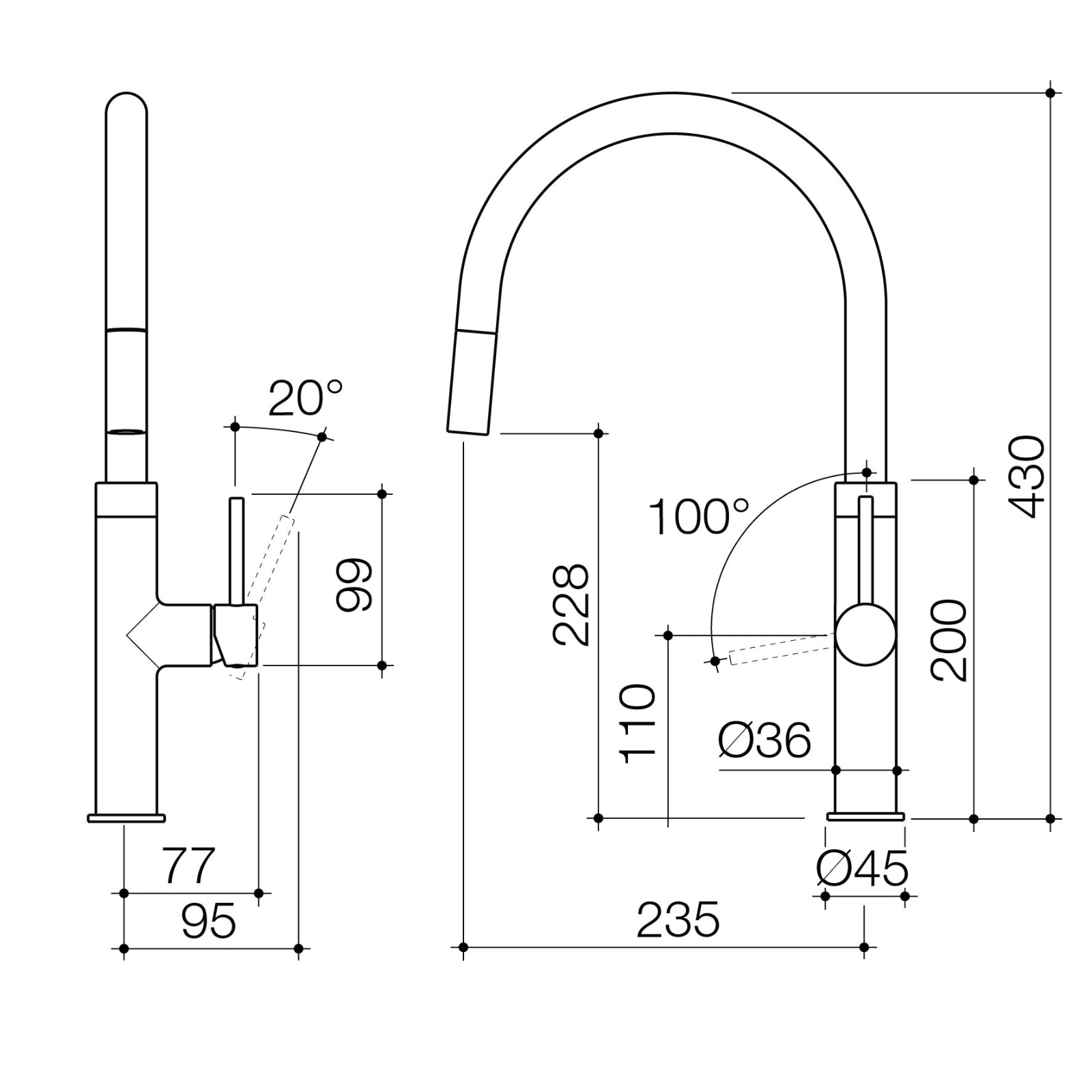 Technical Drawing Caroma Liano II Pull Out Lead Free Sink Mixer - Brushed Nickel 96380BN56AF - The Blue Space