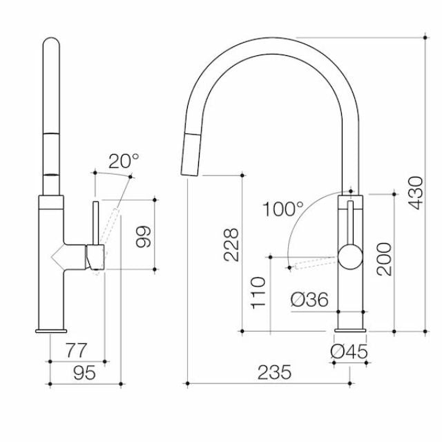 Technical Drawing Caroma Liano II Pull Out Sink Mixer - Gunmetal - Lead Free 96380GM56AF - The Blue Space