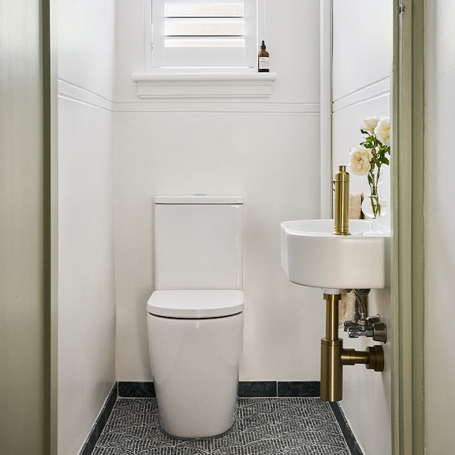 Lifestyle Caroma Urbane II 40mm Bottle Trap Brushed Brass - The Blue Space