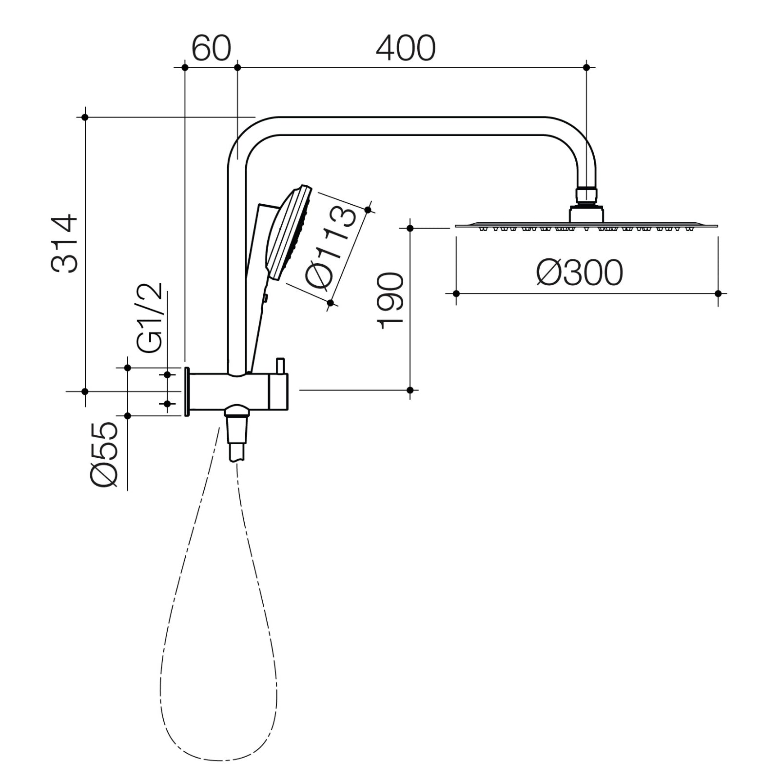 Technical Drawing Caroma Urbane II Compact Twin Shower Chrome 99632C3A - The Blue Space