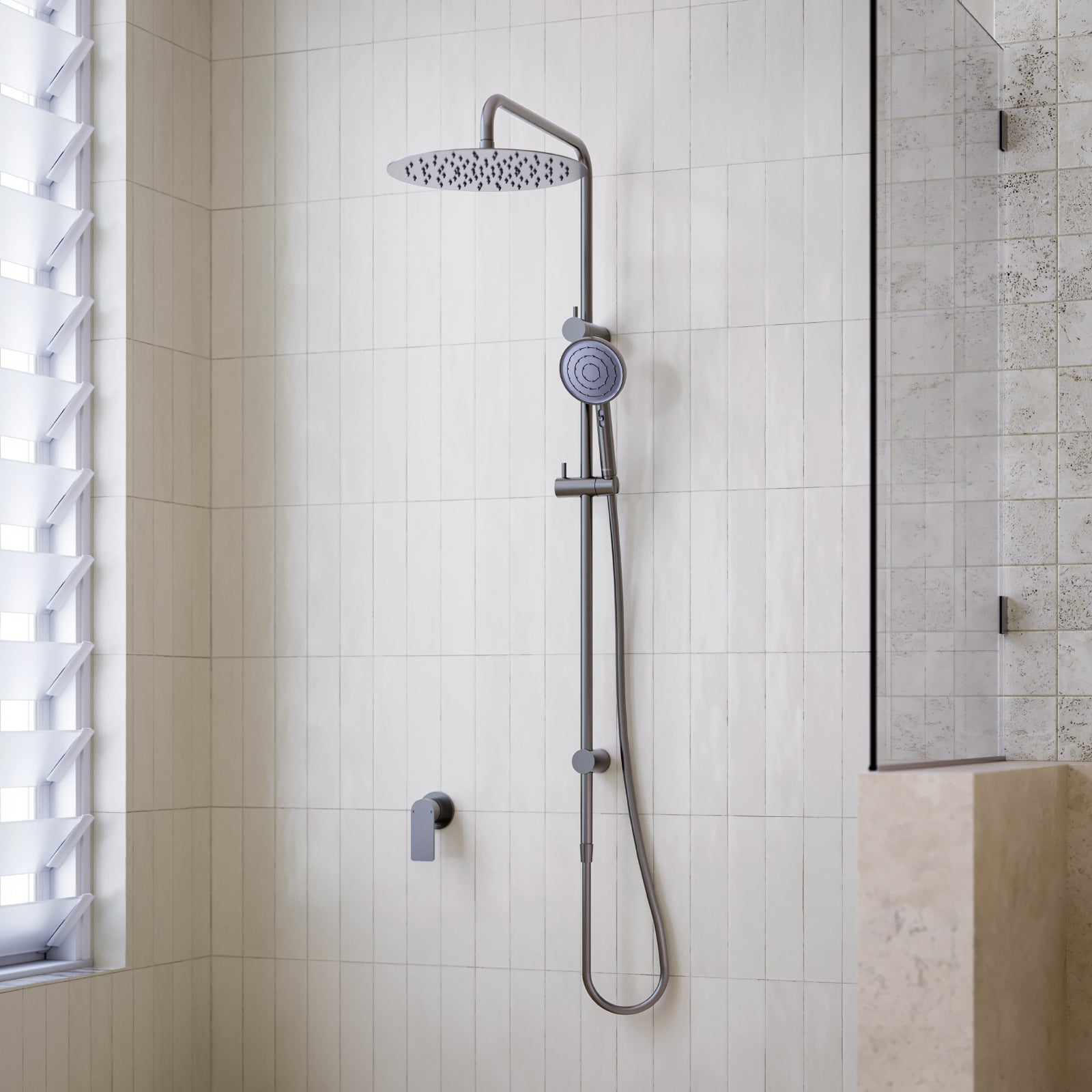 Caroma Urbane II Rail Shower 300mm Overhead Gunmetal | The Blue Space