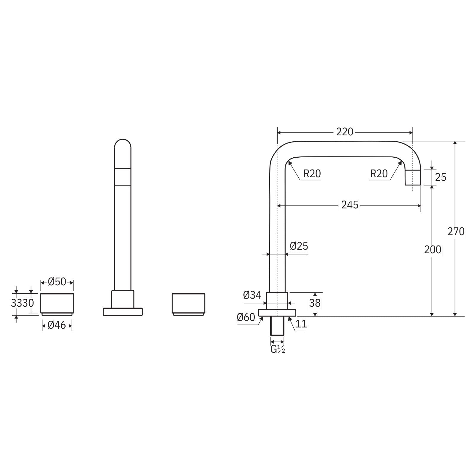 Technical Drawing Fienza Kaya Round Taps Squareline Hob Outlet Set Urban Brass 338106UB-LF - The Blue Space