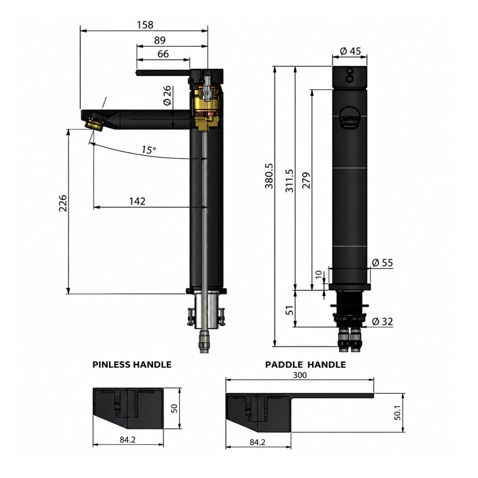 Line Drawing Meir Paddle Round Tall Basin Mixer - Shadow MB04PD-R2-PVDGM - The Blue Space