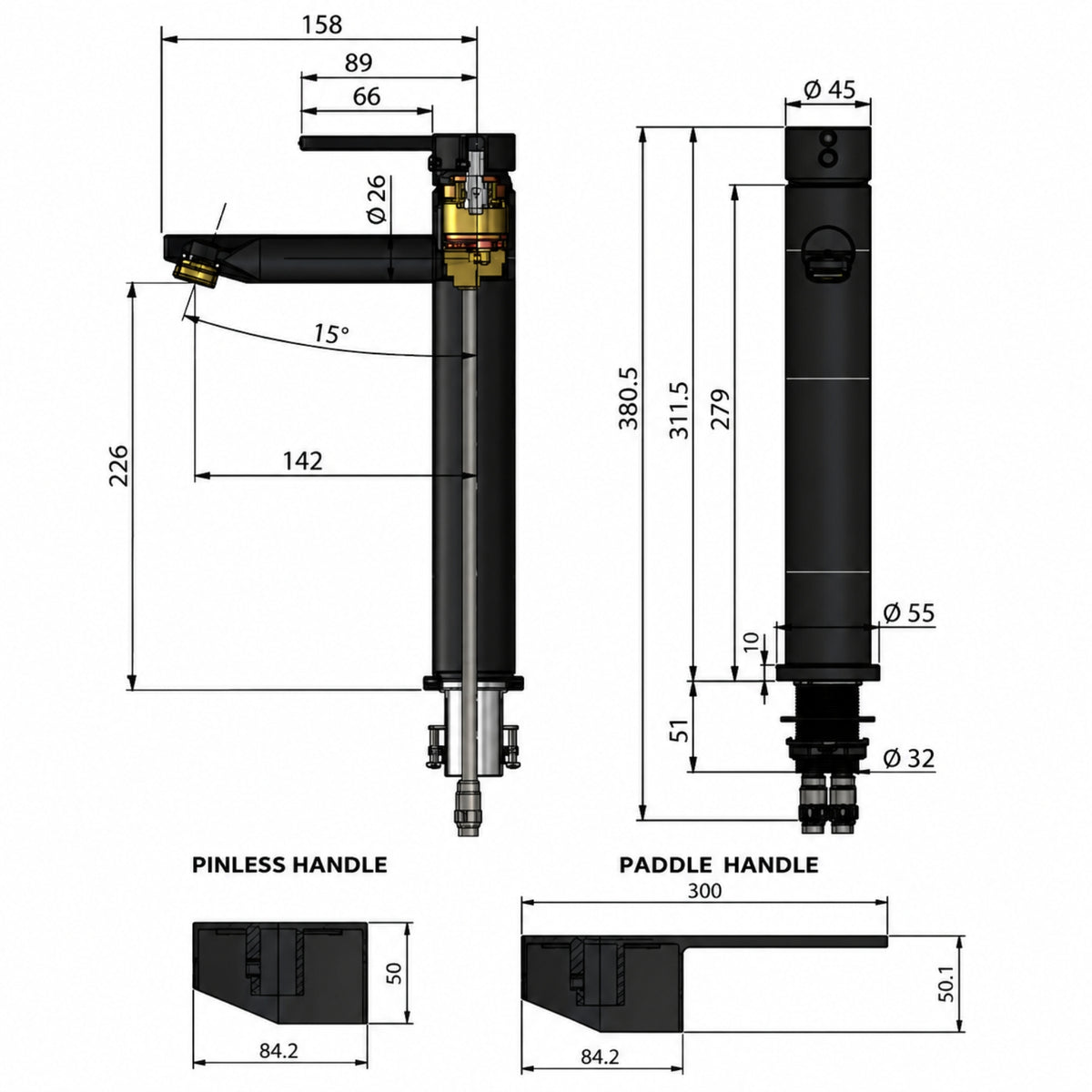 Line Drawing Meir Paddle Round Tall Basin Mixer - Tiger Bronze MB04PD-R2-PVDBB - The Blue Space