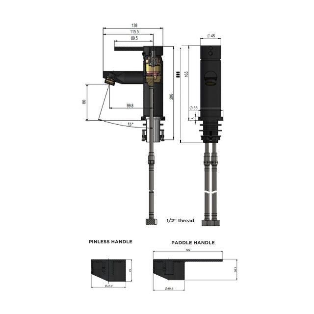 Technical Drawing Meir Round Basin Mixer - Brushed Nickel MB02-PVDBN - The Blue Space