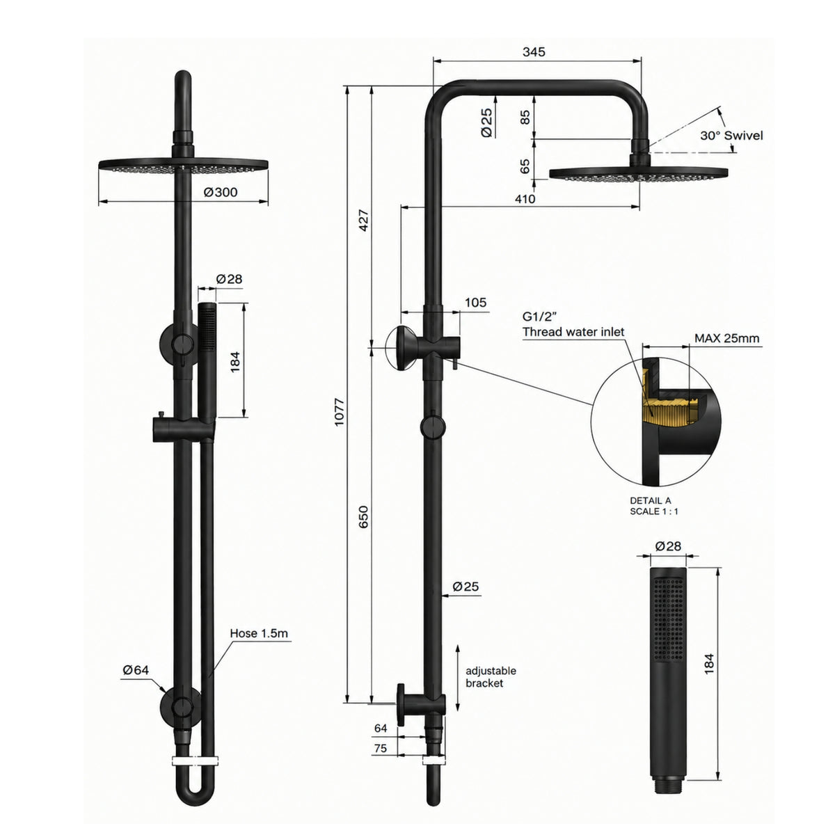 Line Drawing Meir Round Combination Shower Rail 300mm Rose & Hand Shower - Tiger Bronze MZ0706-R-PVDBB - The Blue Space