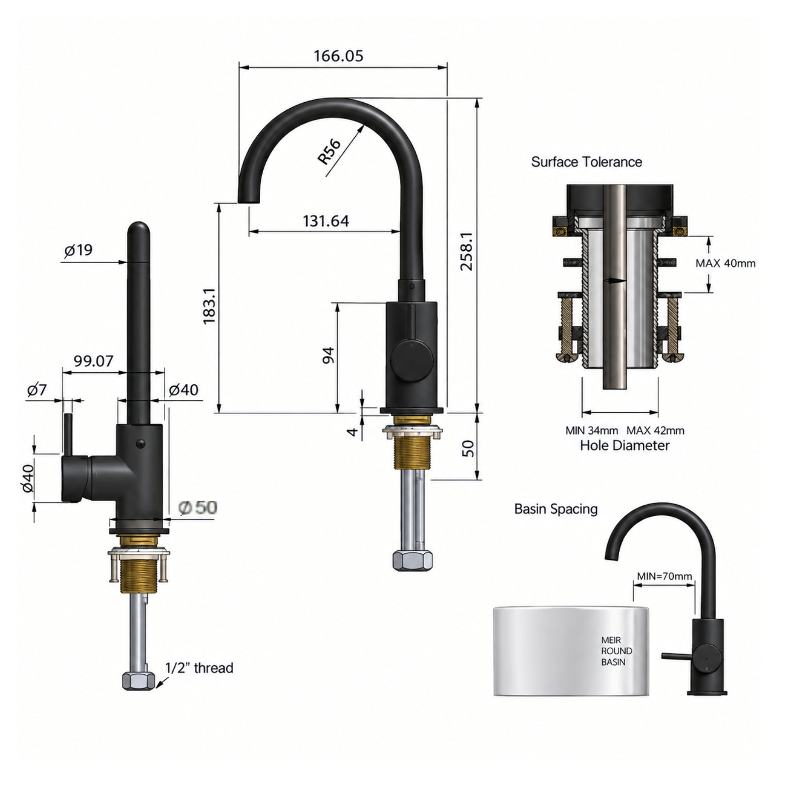 Line Drawing Meir Round Gooseneck Basin Mixer with Cold Start Chrome MB17-C - The Blue Space