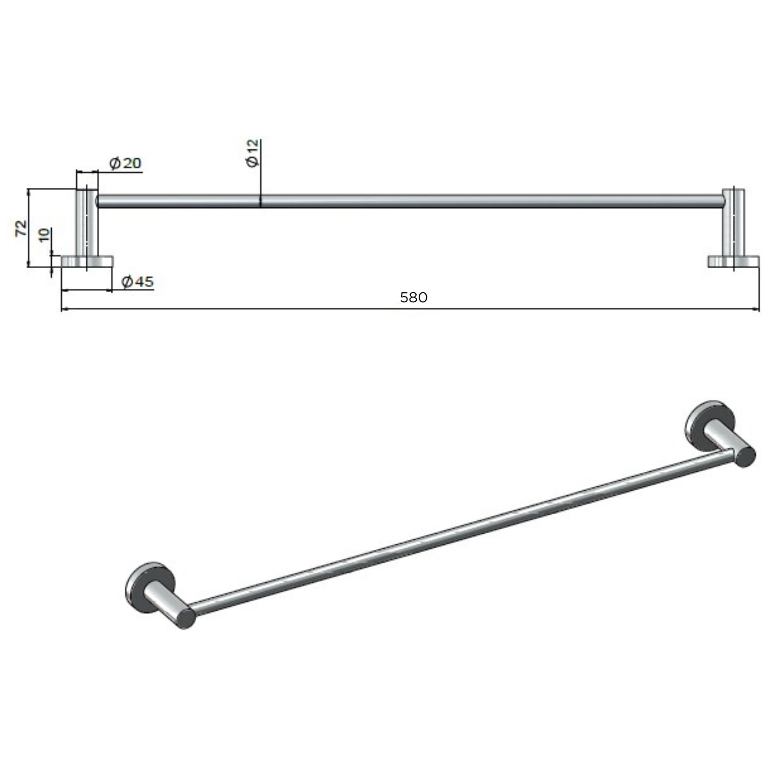 Technical Drawing Meir Round Single Towel Rail 600mm Brushed Nickel MR01-SR60-PVDBN - The Blue Space