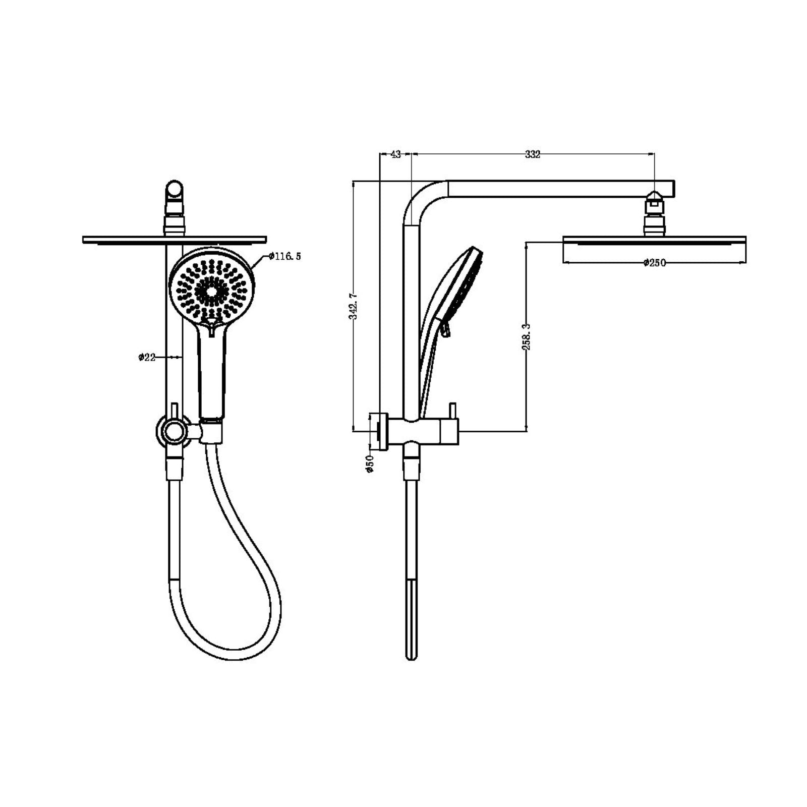 Technical Drawing Nero Mecca 2 in 1 Twin Shower Gun Metal NR250805EGM - The Blue Space