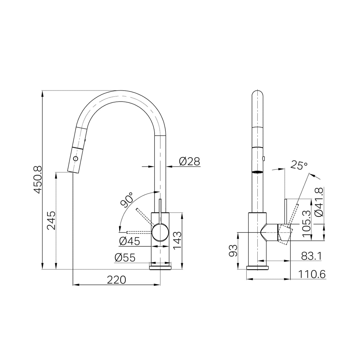 Technical Drawing Nero Mecca Pull Out Sink Mixer With Vegie Spray Function - Rome Bronze NR221908RB - The Blue Space