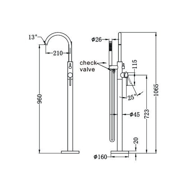 nero mecca round freestanding mixer with hand shower brushed bronze technical drawing | The Blue Space