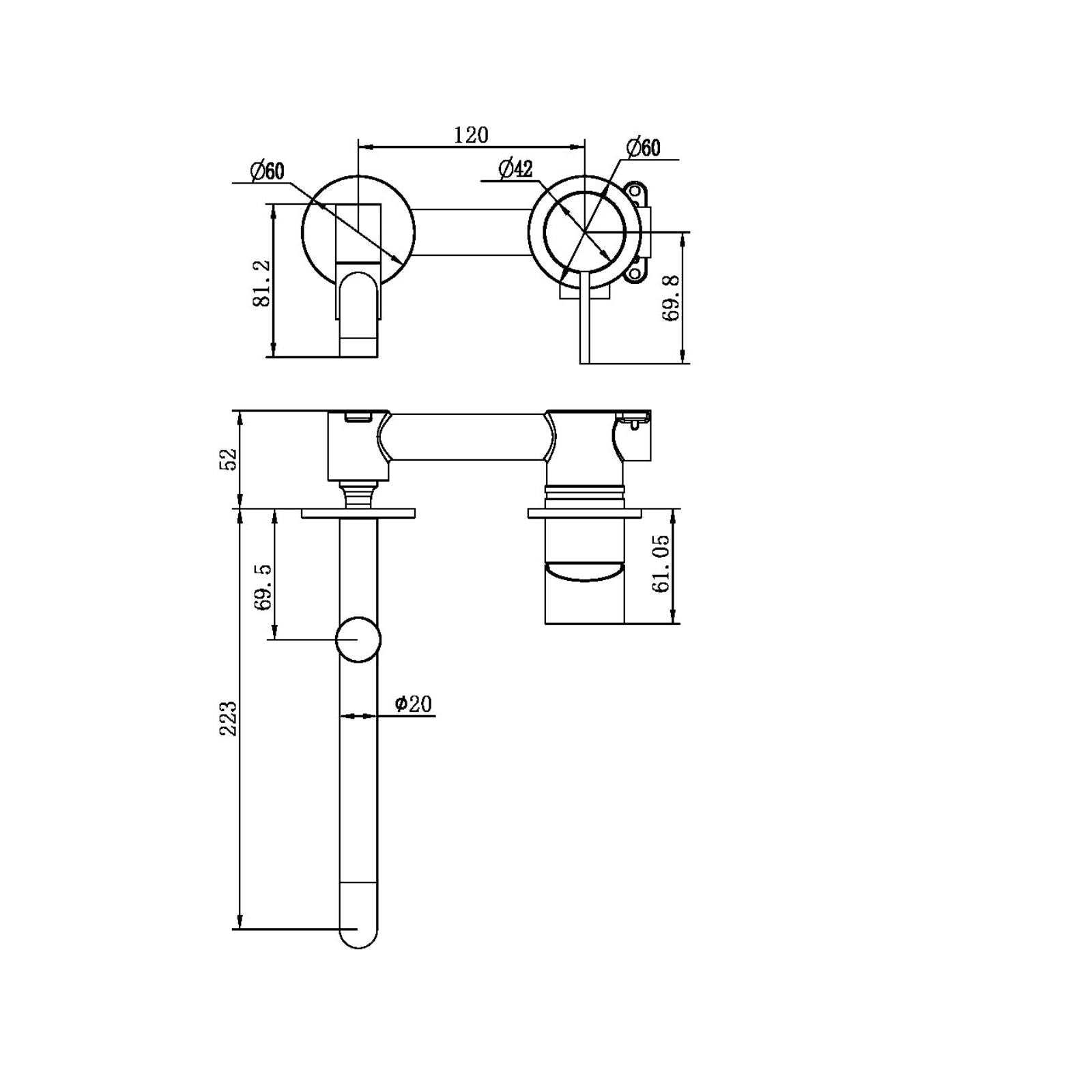 Technical Drawing Nero Mecca Wall Basin/Bath Mixer Swivel Spout 225mm Brushed Nickel NR221910RBN-KIT - The Blue Space