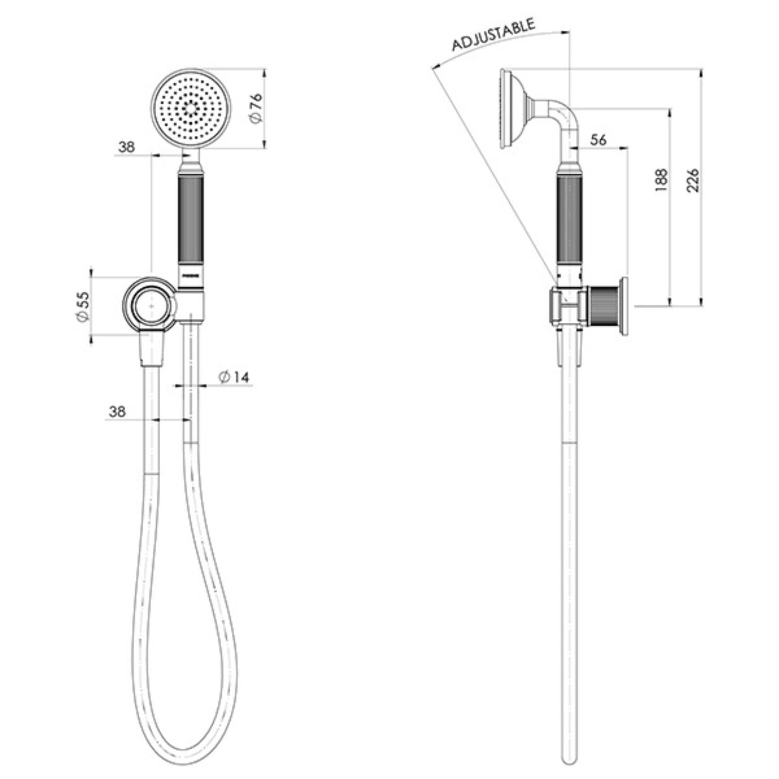 Technical Drawing Phoenix Wiltern Hand Shower Brushed Gold 144-6710-12 - The Blue Space
