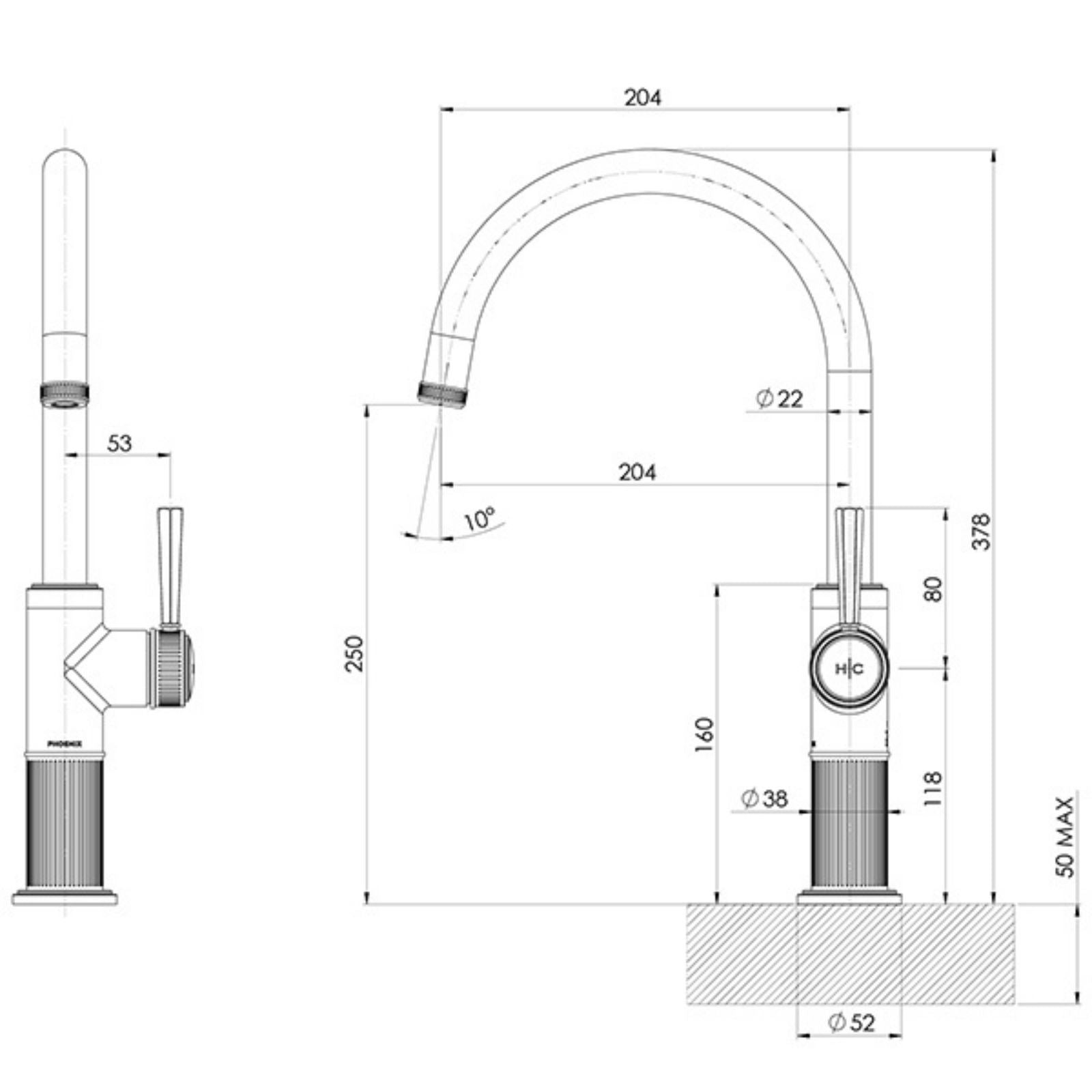Technical Drawing Phoenix Wiltern Sink Mixer 200mm - Brushed Carbon 144-7330-31-1 - The Blue Space