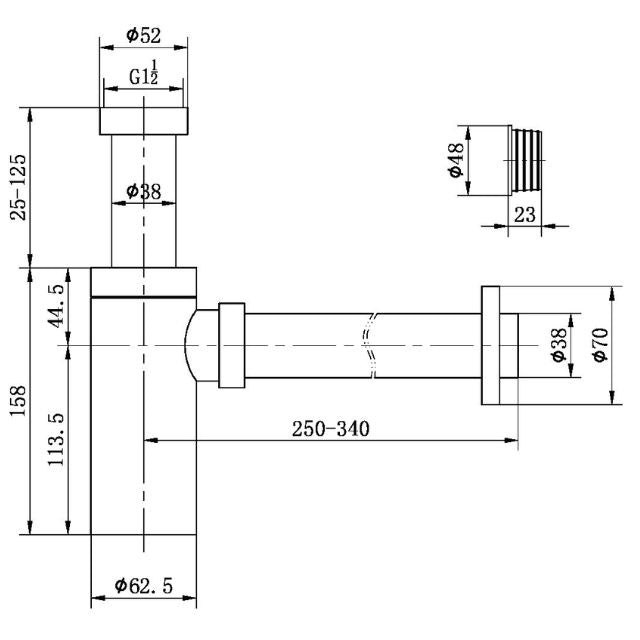 Technical Drawing Nero 40mm Round Bottle Trap Brushed Nickel NRA186wBN - The Blue Space