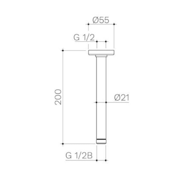 Technical Drawing Caroma Urbane II 200mm Ceiling Shower Arm - Matte Black 99658B - The Blue Space