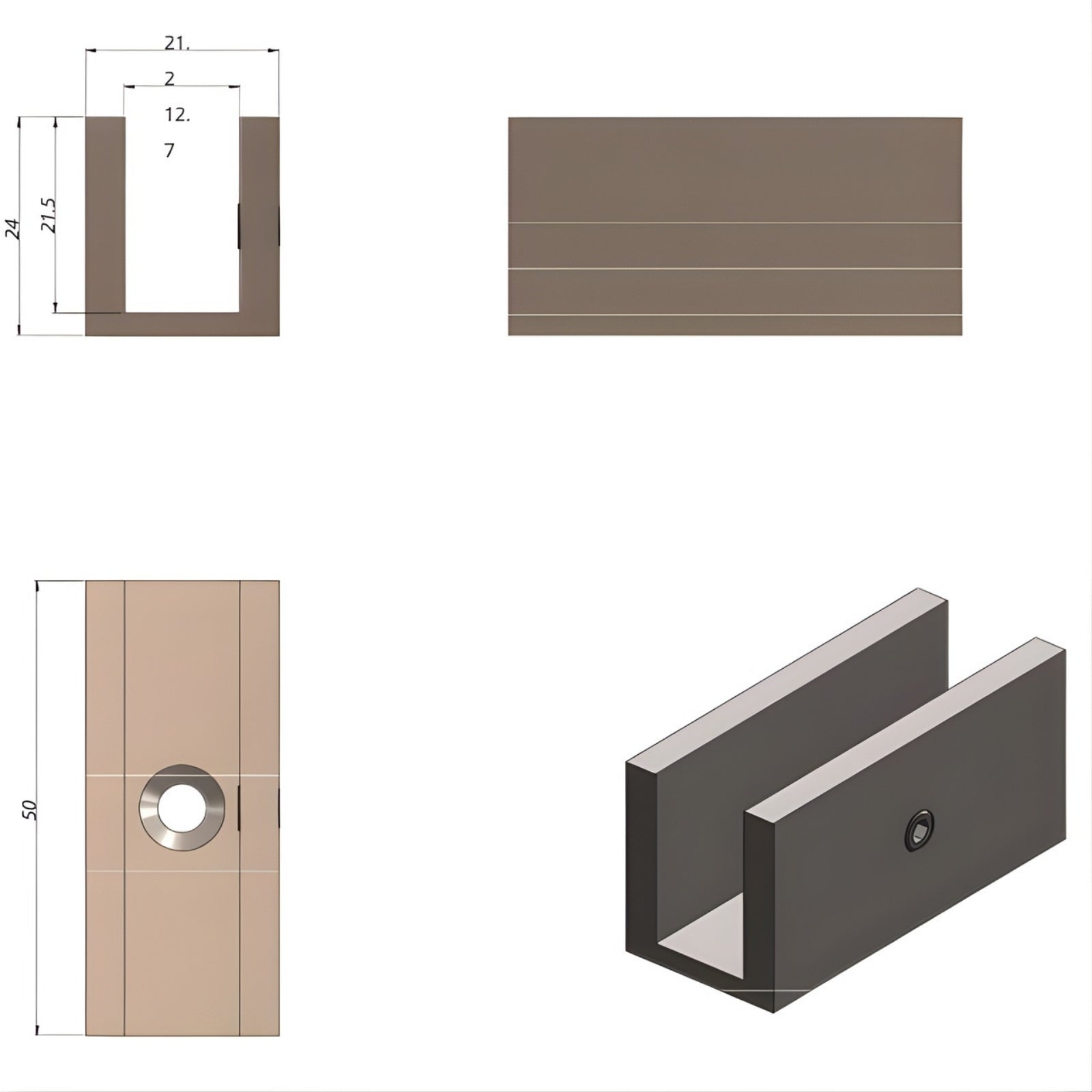 Technical Drawing Meir Glass Fixing U Bracket Brushed Nickel MGA03N-PVDBN - The Blue Space