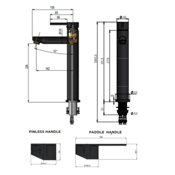 Technical Drawing: Meir Paddle Round Tall Basin Mixer