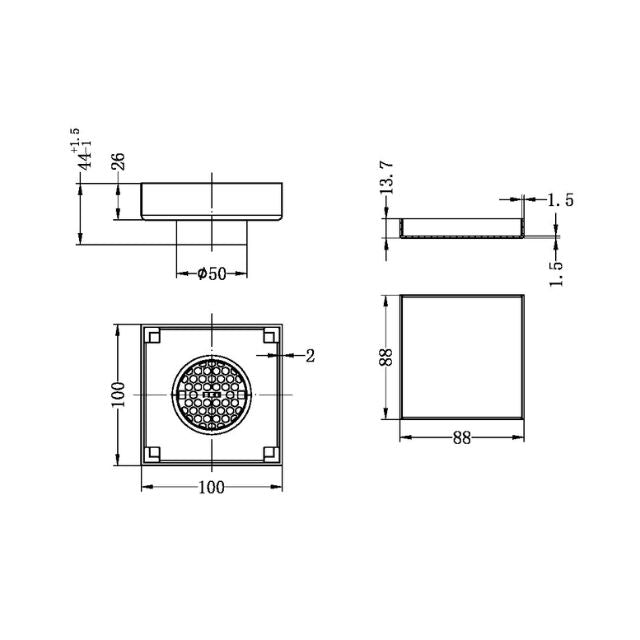 Technical Drawing Nero 100mm Square Tile Insert Floor Waste 50mm Outlet Brushed Gold NRFW006BG - The Blue Space