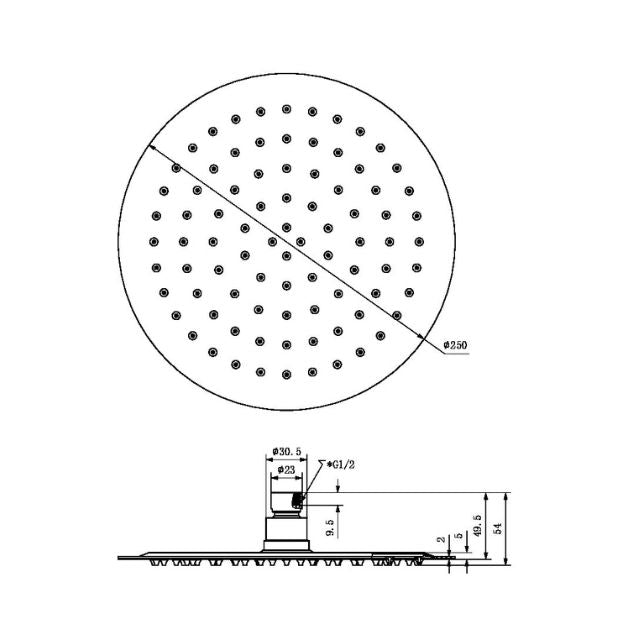 Technical Drawing Nero 250mm Round Stainless Steel Shower Head 4 Star Rating Chrome NR507036CH - The Blue Space