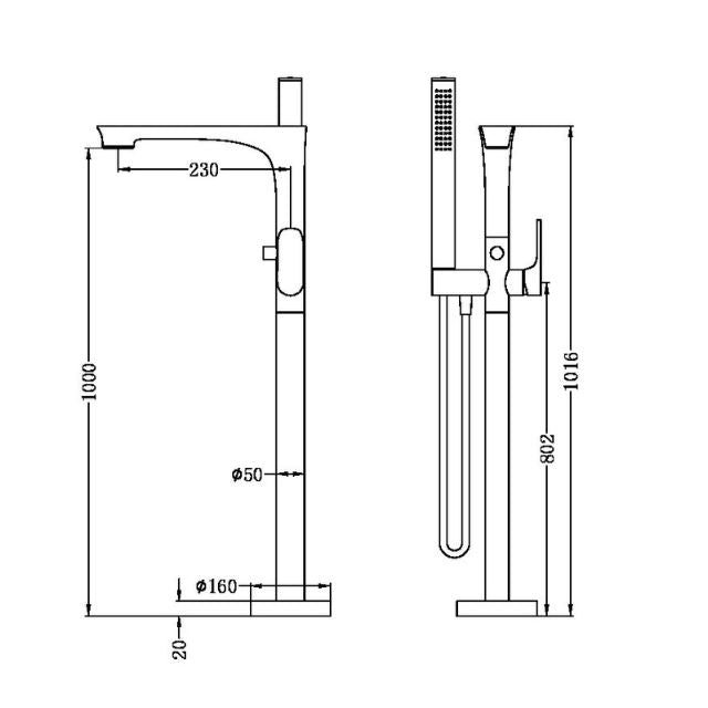 Technical Drawing Nero Bianca Freestanding Bath Mixer With Hand Shower Gun Metal NR321503aGM - The Blue Space