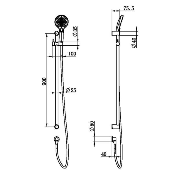 Technical Drawing Nero Mecca Care 25mm Grab Rail and Adjustable Shower Rail Set 900mm Gunmetal NRCS004GM - The Blue Space