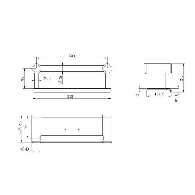 Technical Drawing Nero Mecca Care 25mm Grab Rail With Shelf 300mm Brushed Gold NRCR2512CBG - The Blue Space