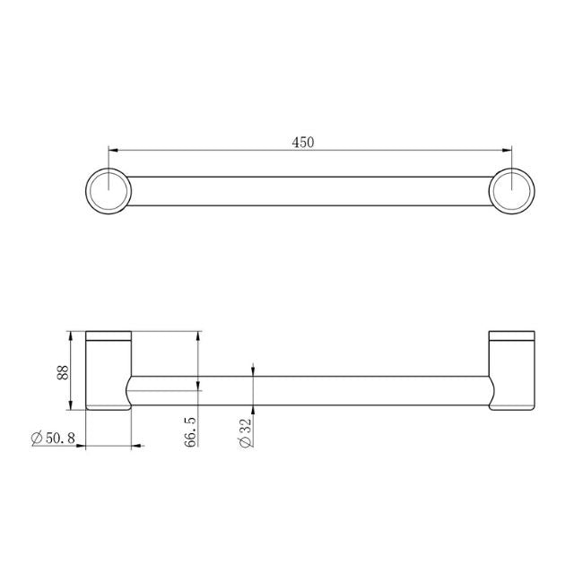 Technical Drawing Nero Mecca Care 32mm Grab Rail 450mm Matte Black NRCR3218MB - The Blue Space