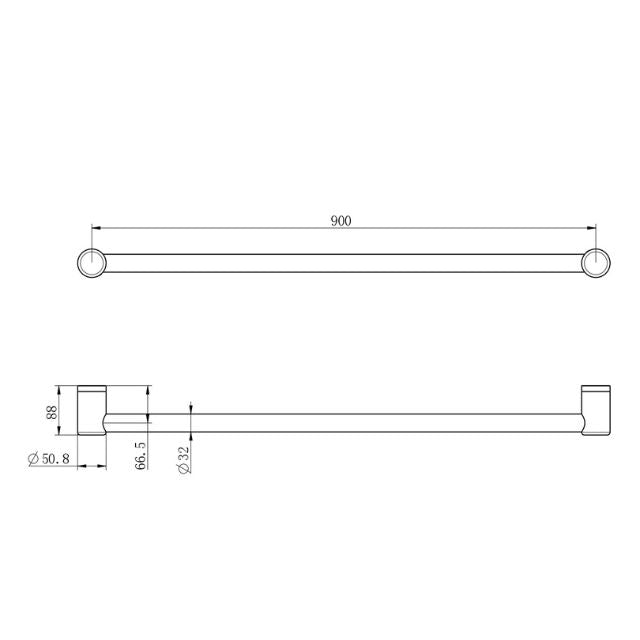 Technical Drawing Nero Mecca Care 32mm Grab Rail 900mm Brushed Gold NRCR3230BG - The Blue Space