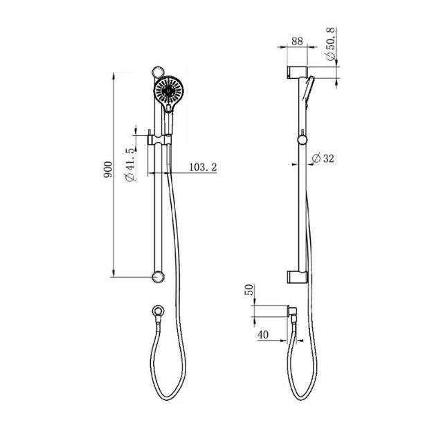 Technical Drawing Nero Mecca Care 32mm Grab Rail and Adjustable Shower Rail Set 900mm Brushed Nickel NRCS005BN - The Blue Space