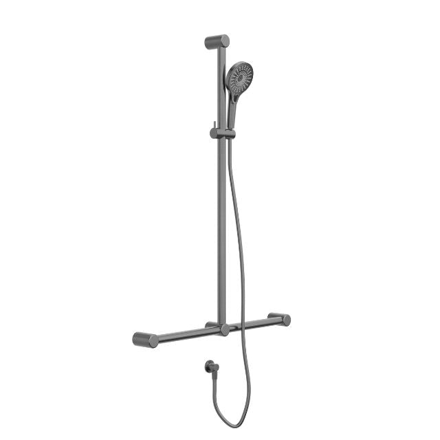 Nero Mecca Care 32mm T Bar Grab Rail and Adjustable Shower Set 1100x750mm Gunmetal NRCS006GM - The Blue Space