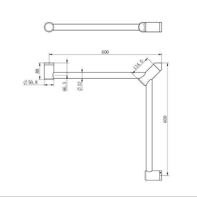 Technical Drawing Nero Mecca Care 32mm Wrap Around Corner Grab Rail 600x600mm Brushed Gold NRCR3290WBG - The Blue Space