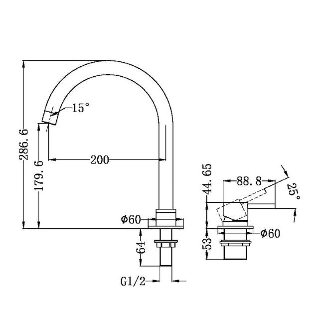 Technical Drawing Nero Mecca Hob Basin Mixer with Round Swivel Spout in Matte White NR221901bMW - The Blue Space