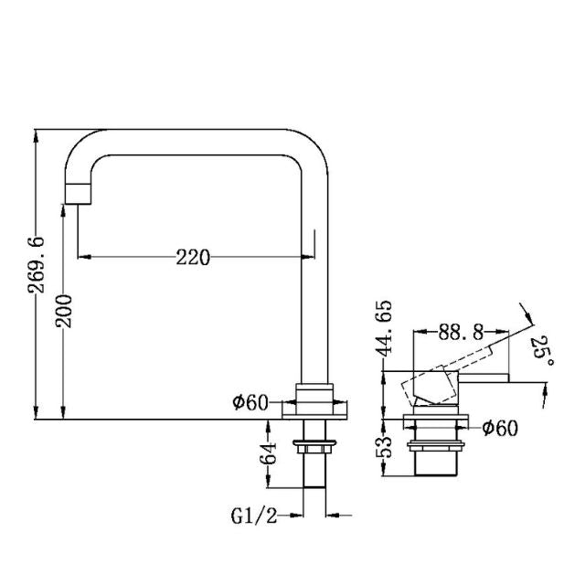 Technical Drawing Nero Mecca Hob Basin Mixer with Square Swivel Spout in Brushed Bronze NR221901cBZ - The Blue Space