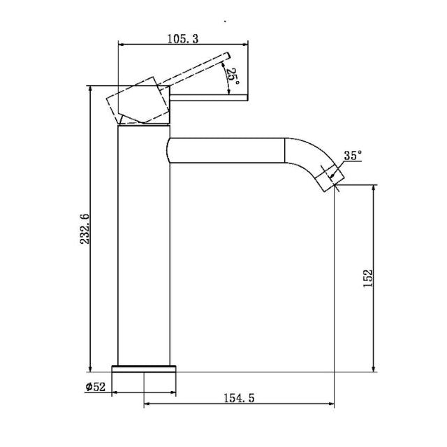 Technical Drawing Nero Mecca Mid Tall Basin Mixer Brushed Bronze NR221901EBZ - The Blue Space