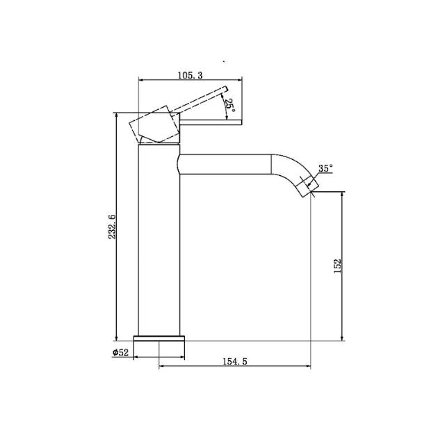 Technical Drawing Nero Mecca Mid Tall Basin Mixer Gun Metal - NR221901EGM - The Blue Space